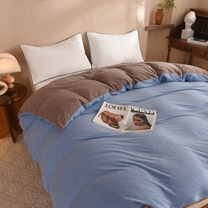 91家纺网 家纺一手货源 找家纺 甜之梦 2025新款针织棉拼色单被套(任何尺寸都可以定制) 天兰+深咖