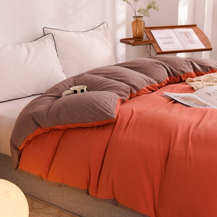 91家纺网 家纺一手货源 找家纺 甜之梦 2025新款针织棉拼色单被套(任何尺寸都可以定制) 棕红＋深咖