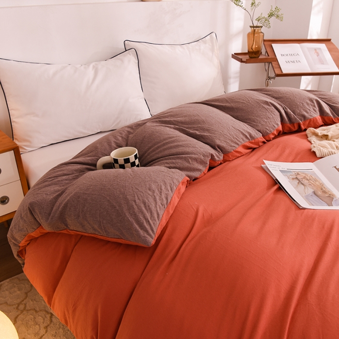 91家纺网 家纺一手货源 找家纺 甜之梦 2025新款针织棉拼色单被套(任何尺寸都可以定制) 棕红＋深咖