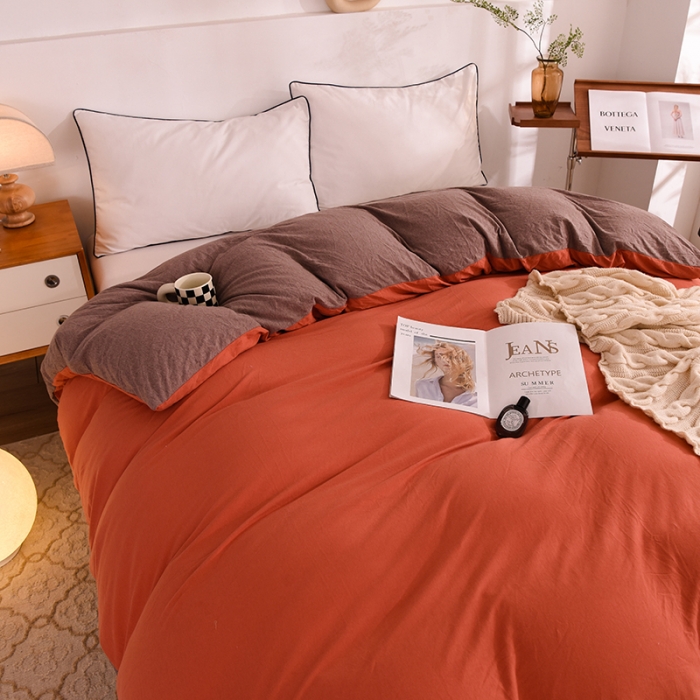 91家纺网 家纺一手货源 找家纺 甜之梦 2025新款针织棉拼色单被套(任何尺寸都可以定制) 棕红＋深咖