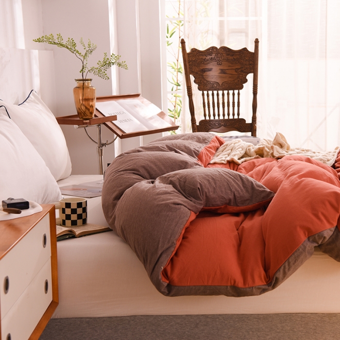 91家纺网 家纺一手货源 找家纺 甜之梦 2025新款针织棉拼色单被套(任何尺寸都可以定制) 棕红＋深咖