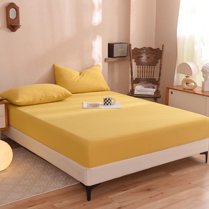 91家纺网 家纺一手货源 找家纺 甜之梦2025针织棉拼色单床笠(任何尺寸都可定制+可接异型缺角） 姜黄