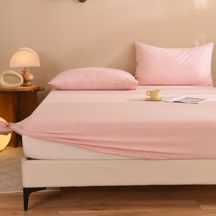 91家纺网 家纺一手货源 找家纺 甜之梦2025针织棉拼色单床笠(任何尺寸都可定制+可接异型缺角） 浅粉