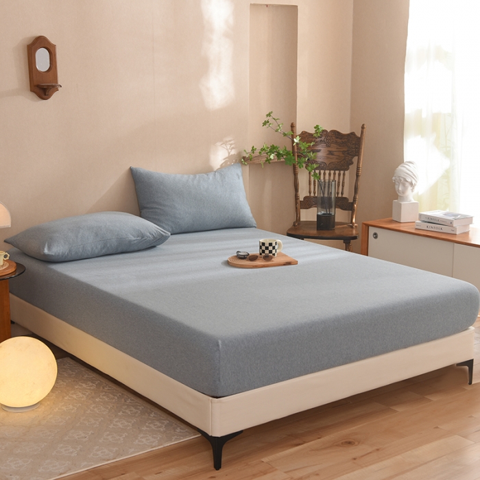 91家纺网 家纺一手货源 找家纺 甜之梦2025针织棉拼色单床笠(任何尺寸都可定制+可接异型缺角） 烟蓝