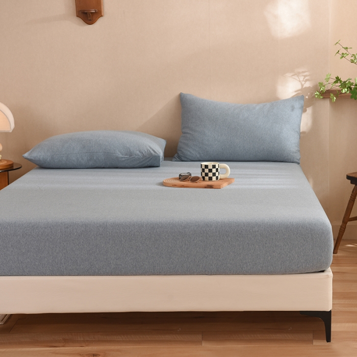 91家纺网 家纺一手货源 找家纺 甜之梦2025针织棉拼色单床笠(任何尺寸都可定制+可接异型缺角） 烟蓝