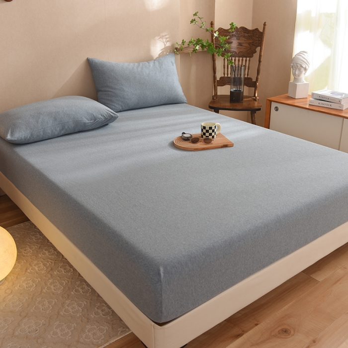 91家纺网 家纺一手货源 找家纺 甜之梦2025针织棉拼色单床笠(任何尺寸都可定制+可接异型缺角） 烟蓝