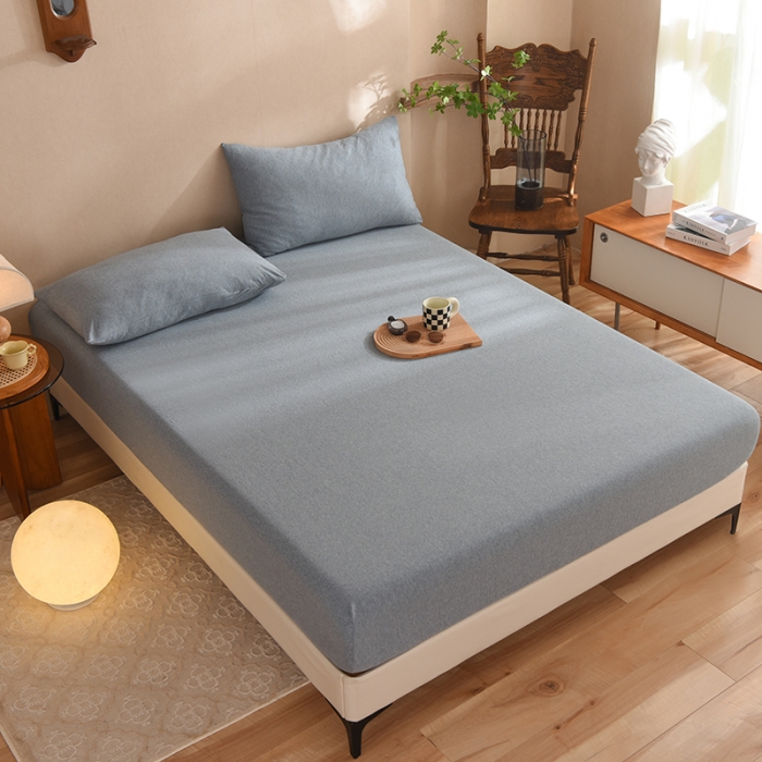 91家纺网 家纺一手货源 找家纺 甜之梦2025针织棉拼色单床笠(任何尺寸都可定制+可接异型缺角） 烟蓝