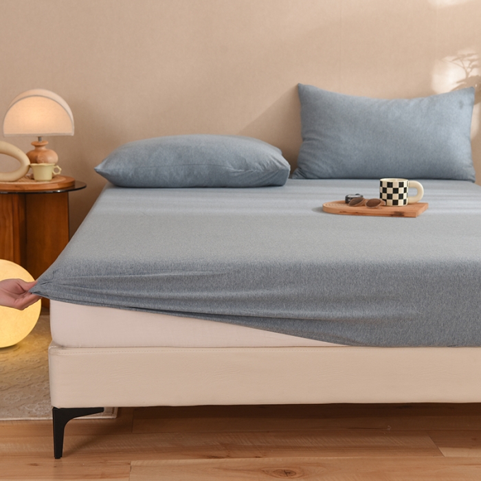 91家纺网 家纺一手货源 找家纺 甜之梦2025针织棉拼色单床笠(任何尺寸都可定制+可接异型缺角） 烟蓝