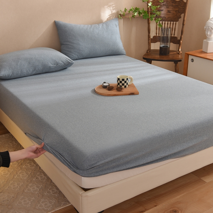 91家纺网 家纺一手货源 找家纺 甜之梦2025针织棉拼色单床笠(任何尺寸都可定制+可接异型缺角） 烟蓝