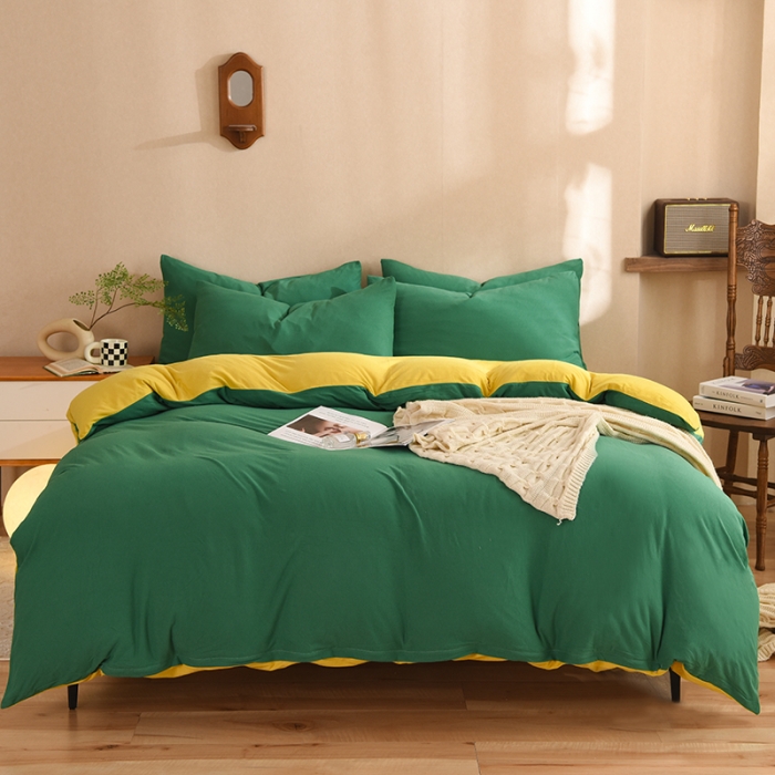 91家纺网 家纺一手货源 找家纺 甜之梦 2025新款针织棉拼色四件套(任何尺寸都可以定制) 草绿+姜黄