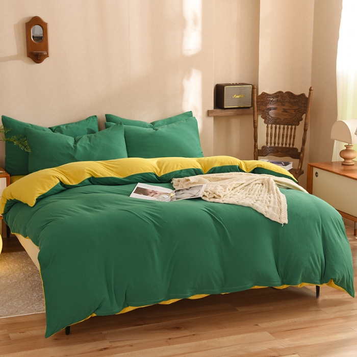 91家纺网 家纺一手货源 找家纺 甜之梦 2025新款针织棉拼色四件套(任何尺寸都可以定制) 草绿+姜黄