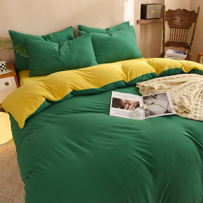 91家纺网 家纺一手货源 找家纺 甜之梦 2025新款针织棉拼色四件套(任何尺寸都可以定制) 草绿+姜黄