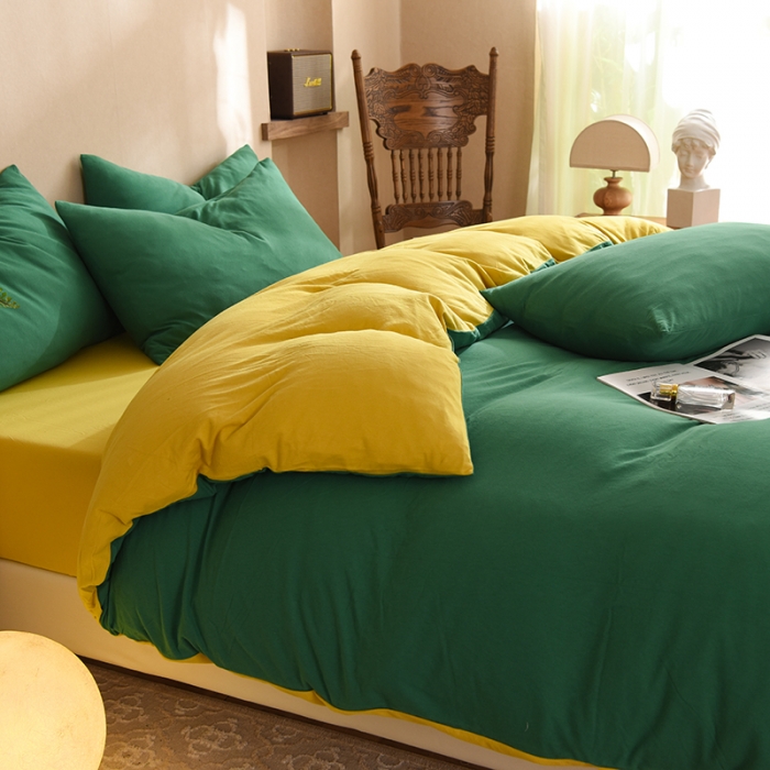 91家纺网 家纺一手货源 找家纺 甜之梦 2025新款针织棉拼色四件套(任何尺寸都可以定制) 草绿+姜黄