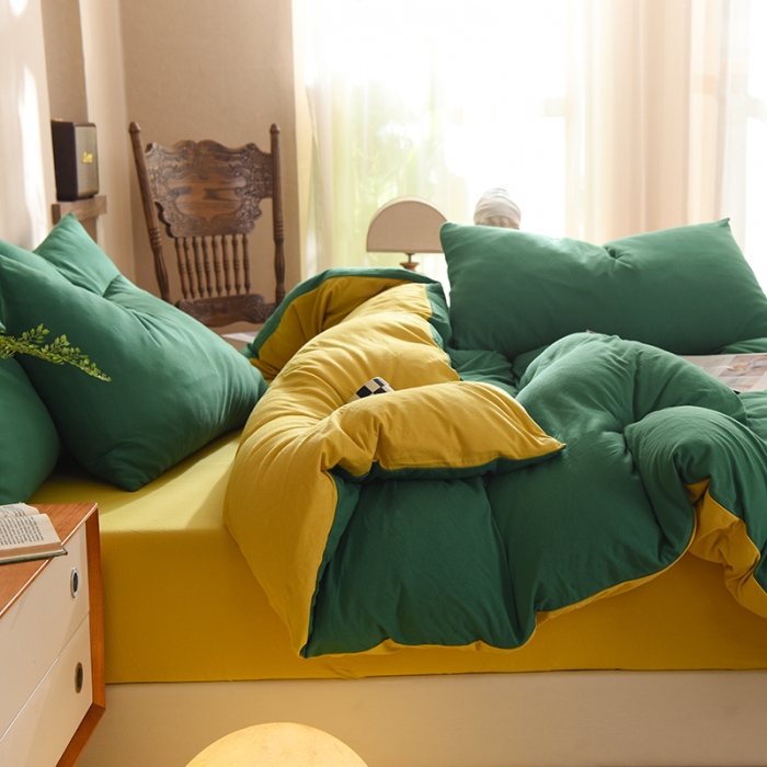 91家纺网 家纺一手货源 找家纺 甜之梦 2025新款针织棉拼色四件套(任何尺寸都可以定制) 草绿+姜黄