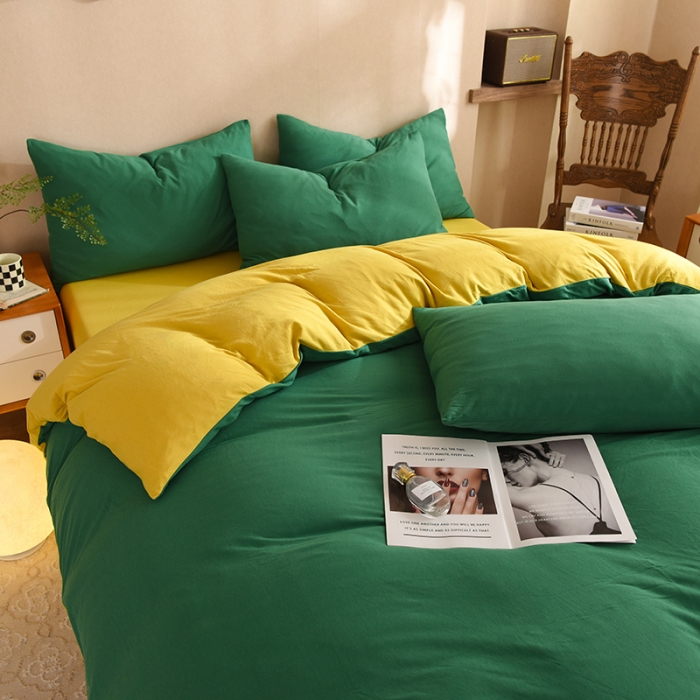 91家纺网 家纺一手货源 找家纺 甜之梦 2025新款针织棉拼色四件套(任何尺寸都可以定制) 草绿+姜黄