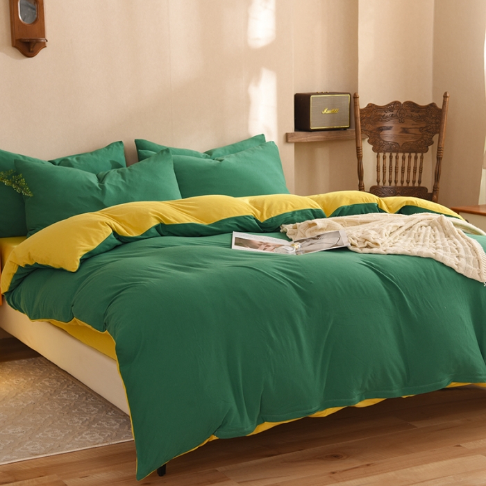 91家纺网 家纺一手货源 找家纺 甜之梦 2025新款针织棉拼色四件套(任何尺寸都可以定制) 草绿+姜黄