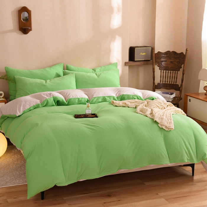 91家纺网 家纺一手货源 找家纺 甜之梦 2025新款针织棉拼色四件套(任何尺寸都可以定制) 果绿+浅咖