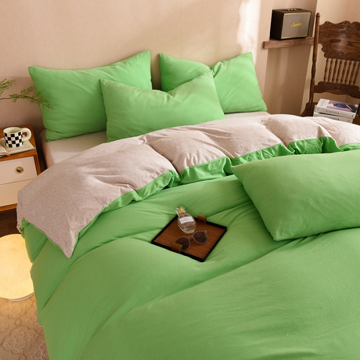 91家纺网 家纺一手货源 找家纺 甜之梦 2025新款针织棉拼色四件套(任何尺寸都可以定制) 果绿+浅咖