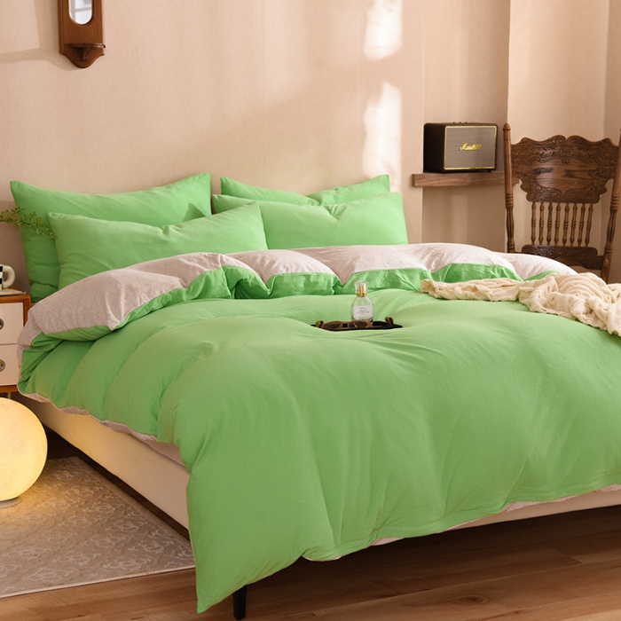 91家纺网 家纺一手货源 找家纺 甜之梦 2025新款针织棉拼色四件套(任何尺寸都可以定制) 果绿+浅咖