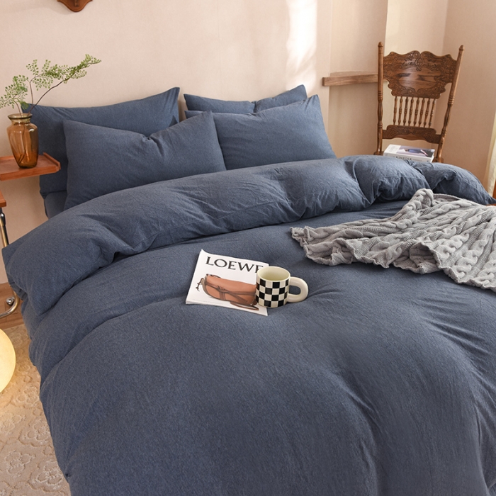 91家纺网 家纺一手货源 找家纺 甜之梦 2025新款针织棉拼色四件套(任何尺寸都可以定制) 海军蓝