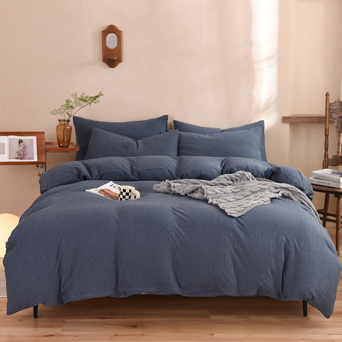 91家纺网 家纺一手货源 找家纺 甜之梦 2025新款针织棉拼色四件套(任何尺寸都可以定制) 海军蓝