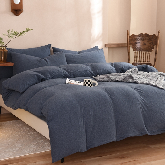 91家纺网 家纺一手货源 找家纺 甜之梦 2025新款针织棉拼色四件套(任何尺寸都可以定制) 海军蓝