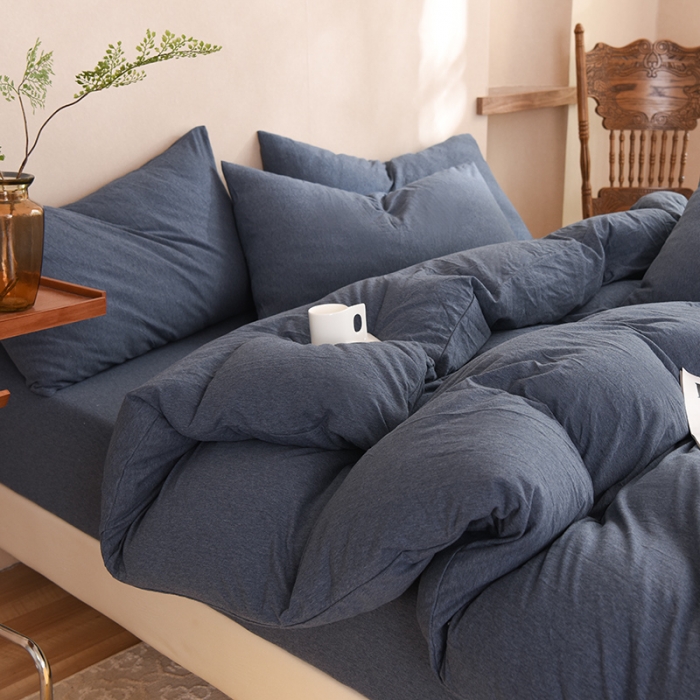 91家纺网 家纺一手货源 找家纺 甜之梦 2025新款针织棉拼色四件套(任何尺寸都可以定制) 海军蓝