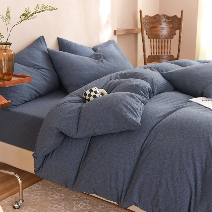 91家纺网 家纺一手货源 找家纺 甜之梦 2025新款针织棉拼色四件套(任何尺寸都可以定制) 海军蓝