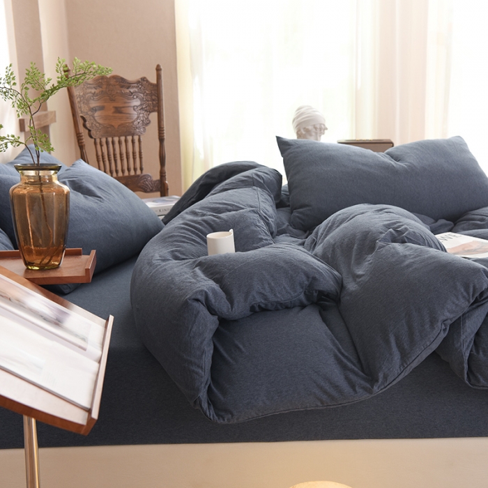 91家纺网 家纺一手货源 找家纺 甜之梦 2025新款针织棉拼色四件套(任何尺寸都可以定制) 海军蓝