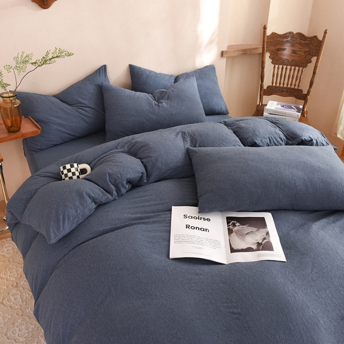 91家纺网 家纺一手货源 找家纺 甜之梦 2025新款针织棉拼色四件套(任何尺寸都可以定制) 海军蓝