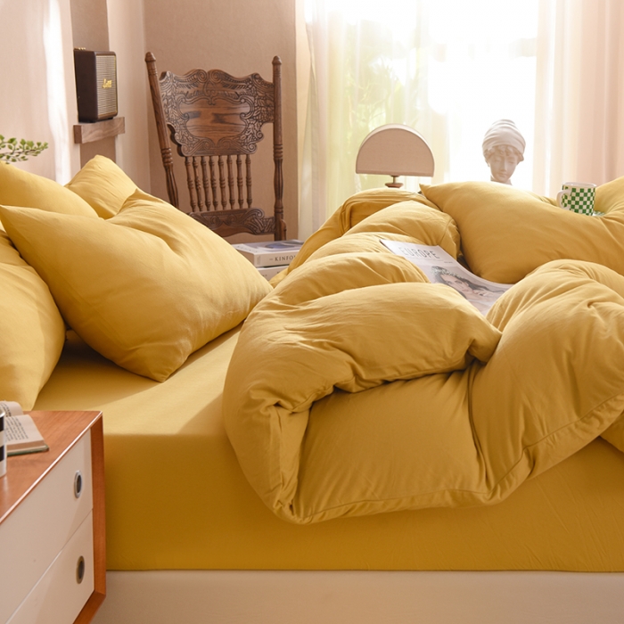 91家纺网 家纺一手货源 找家纺 甜之梦 2025新款针织棉拼色四件套(任何尺寸都可以定制) 姜黄