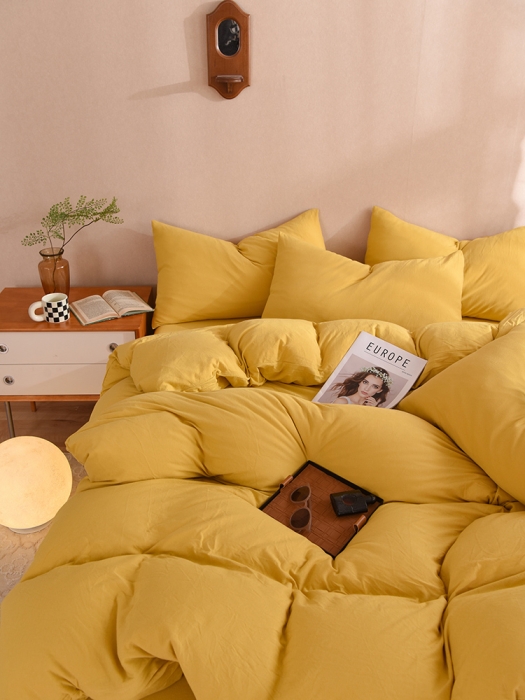 91家纺网 家纺一手货源 找家纺 甜之梦 2025新款针织棉拼色四件套(任何尺寸都可以定制) 姜黄