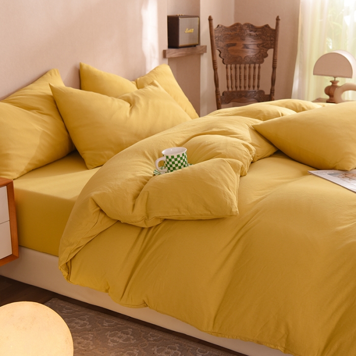 91家纺网 家纺一手货源 找家纺 甜之梦 2025新款针织棉拼色四件套(任何尺寸都可以定制) 姜黄