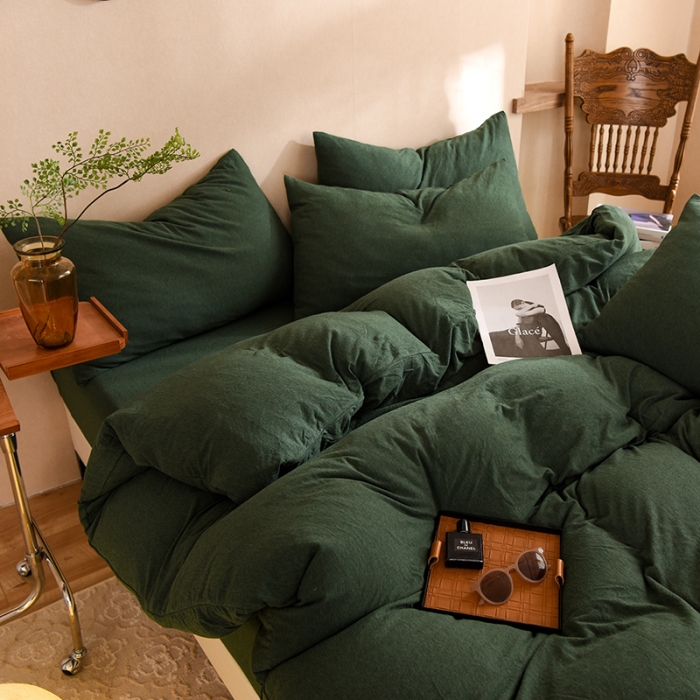 91家纺网 家纺一手货源 找家纺 甜之梦 2025新款针织棉拼色四件套(任何尺寸都可以定制) 墨绿