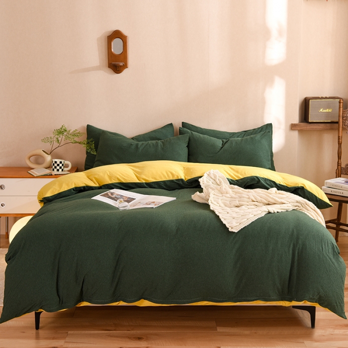 91家纺网 家纺一手货源 找家纺 甜之梦 2025新款针织棉拼色四件套(任何尺寸都可以定制) 墨绿+姜黄