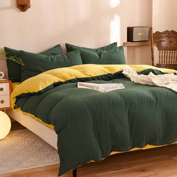 91家纺网 家纺一手货源 找家纺 甜之梦 2025新款针织棉拼色四件套(任何尺寸都可以定制) 墨绿+姜黄