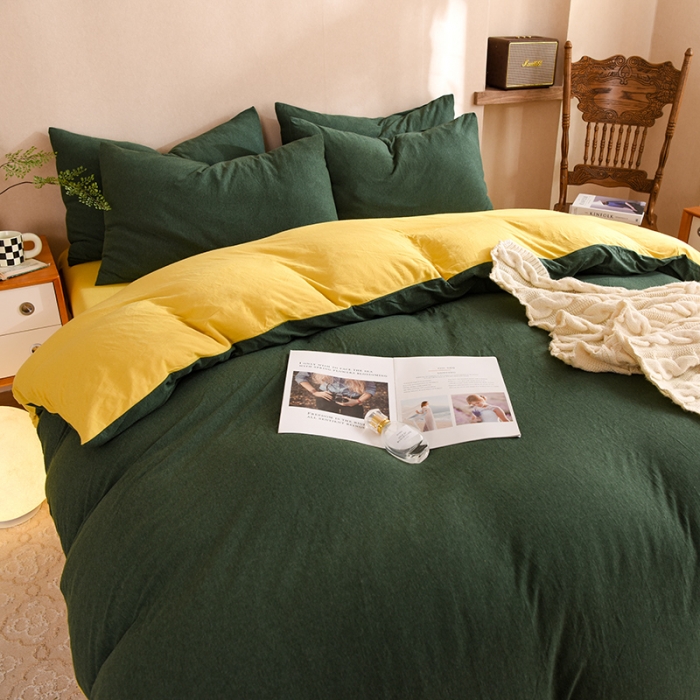 91家纺网 家纺一手货源 找家纺 甜之梦 2025新款针织棉拼色四件套(任何尺寸都可以定制) 墨绿+姜黄