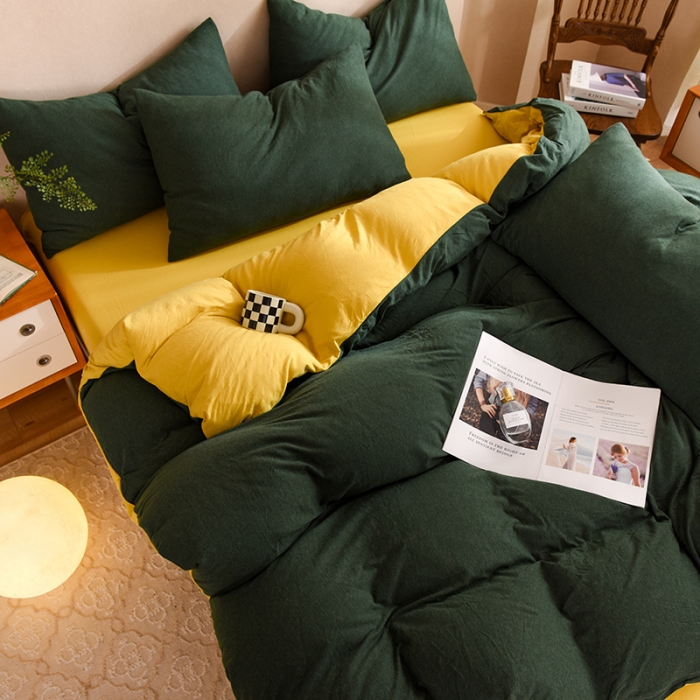 91家纺网 家纺一手货源 找家纺 甜之梦 2025新款针织棉拼色四件套(任何尺寸都可以定制) 墨绿+姜黄