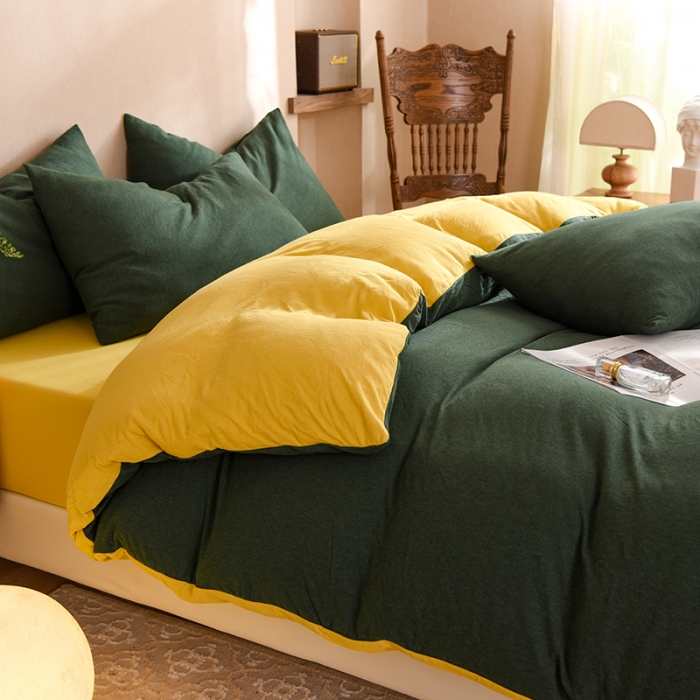 91家纺网 家纺一手货源 找家纺 甜之梦 2025新款针织棉拼色四件套(任何尺寸都可以定制) 墨绿+姜黄