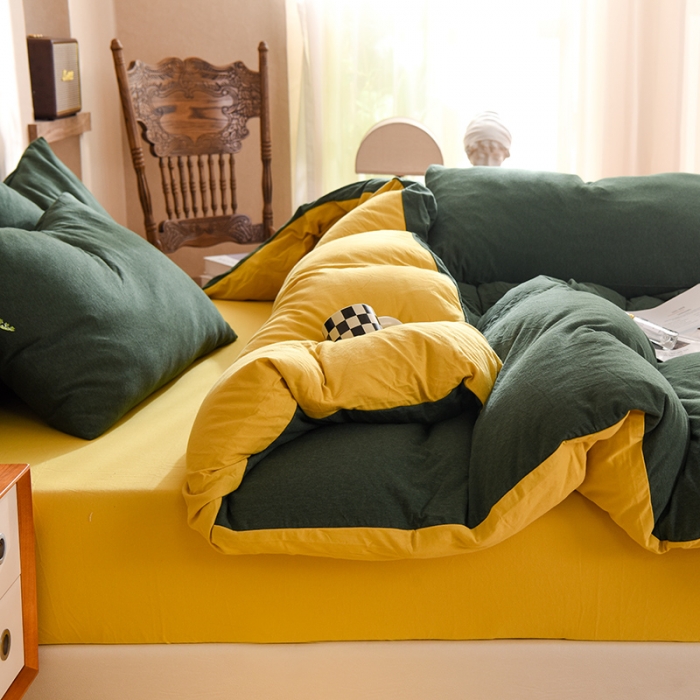 91家纺网 家纺一手货源 找家纺 甜之梦 2025新款针织棉拼色四件套(任何尺寸都可以定制) 墨绿+姜黄