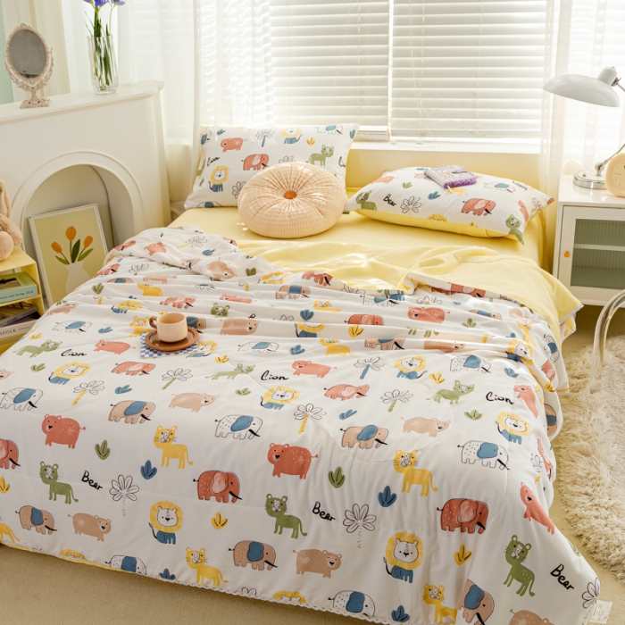 91家纺网 家纺一手货源 找家纺 羋多 2024新款小清新花边水洗棉夏被夏被四件套动物乐园