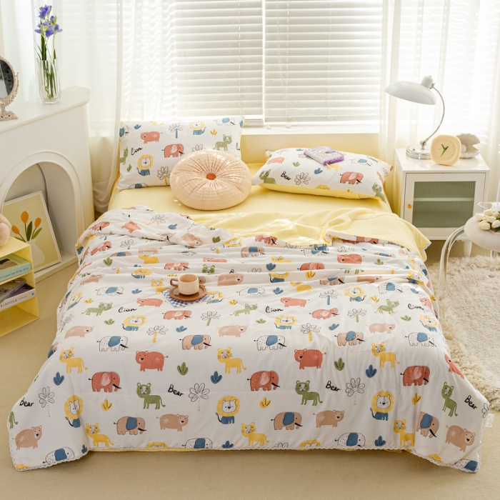 91家纺网 家纺一手货源 找家纺 羋多 2024新款小清新花边水洗棉夏被夏被四件套动物乐园