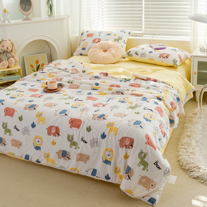 91家纺网 家纺一手货源 找家纺 羋多 2024新款小清新花边水洗棉夏被夏被四件套动物乐园