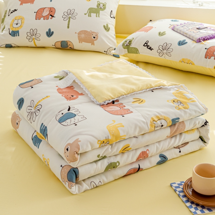 91家纺网 家纺一手货源 找家纺 羋多 2024新款小清新花边水洗棉夏被夏被四件套动物乐园