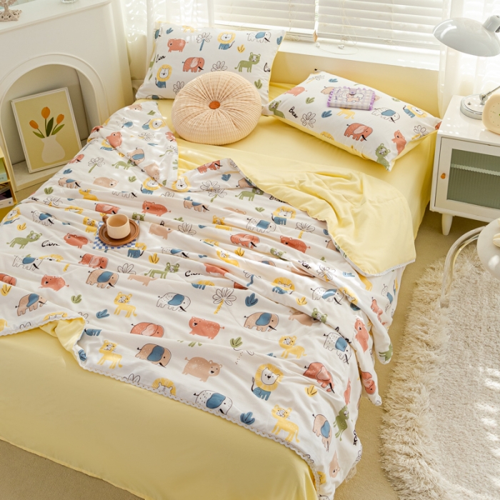 91家纺网 家纺一手货源 找家纺 羋多 2024新款小清新花边水洗棉夏被夏被四件套动物乐园