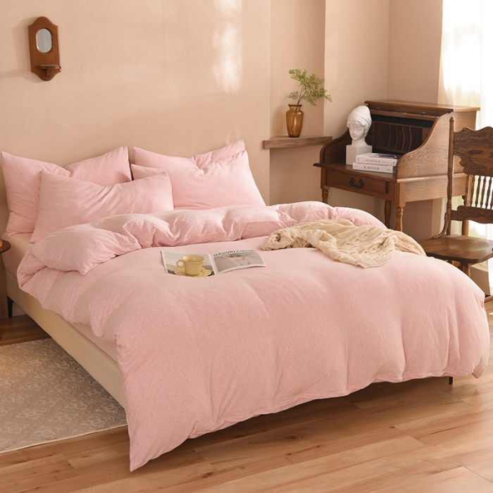 91家纺网 家纺一手货源 找家纺 甜之梦 2025新款针织棉拼色四件套(任何尺寸都可以定制) 浅粉