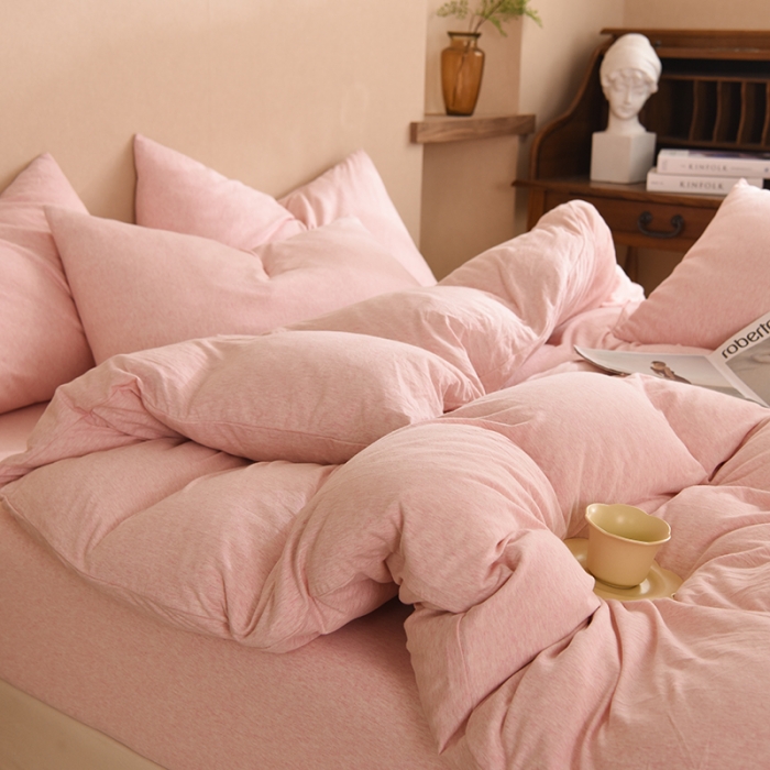 91家纺网 家纺一手货源 找家纺 甜之梦 2025新款针织棉拼色四件套(任何尺寸都可以定制) 浅粉