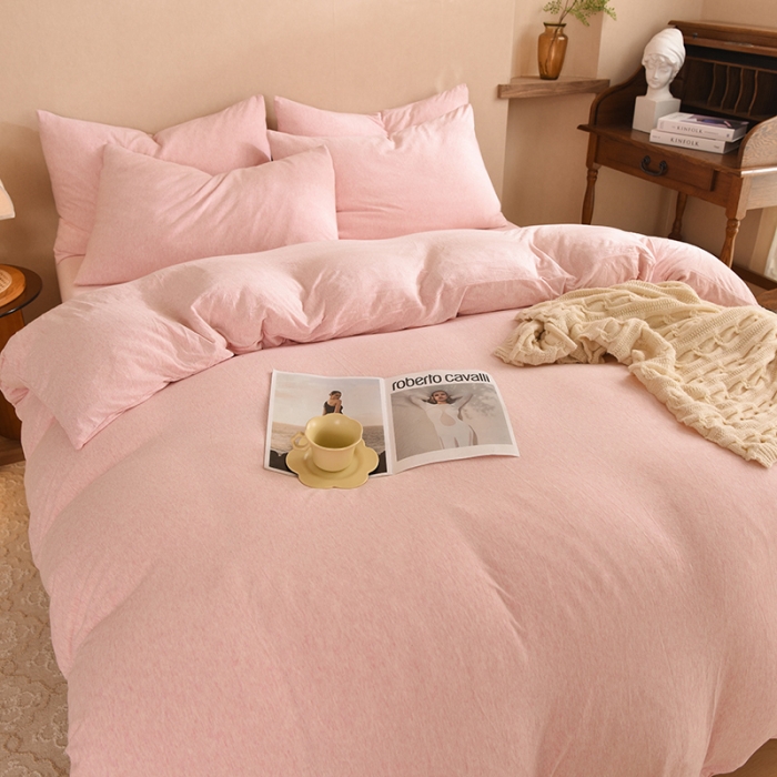 91家纺网 家纺一手货源 找家纺 甜之梦 2025新款针织棉拼色四件套(任何尺寸都可以定制) 浅粉