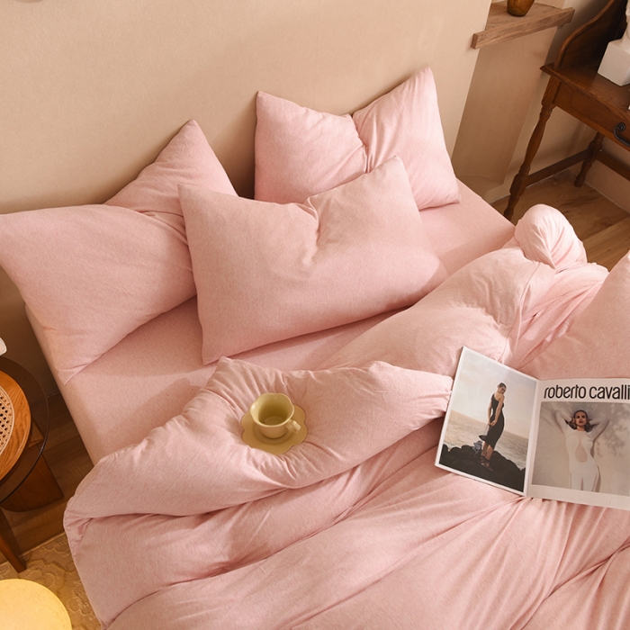 91家纺网 家纺一手货源 找家纺 甜之梦 2025新款针织棉拼色四件套(任何尺寸都可以定制) 浅粉