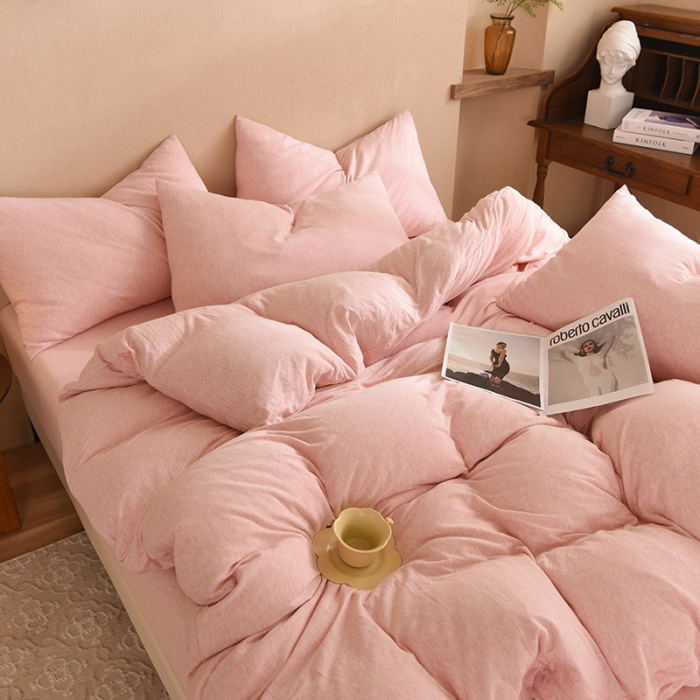 91家纺网 家纺一手货源 找家纺 甜之梦 2025新款针织棉拼色四件套(任何尺寸都可以定制) 浅粉